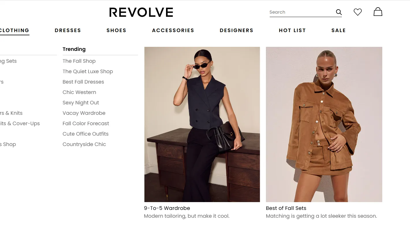 REVOLVE Fall 2025 landing page layout with seasonal campaign imagery and category navigation.