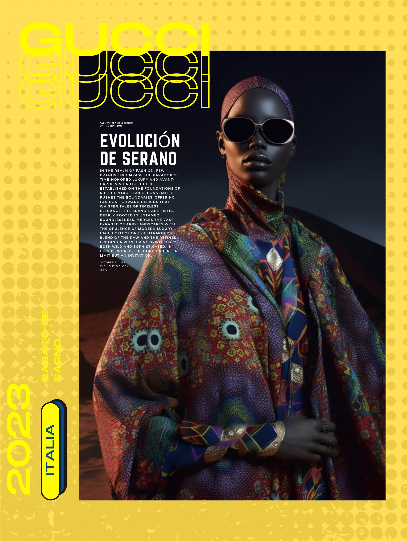 FWRD advertisement featuring Gucci, set on a saturated yellow ground.
