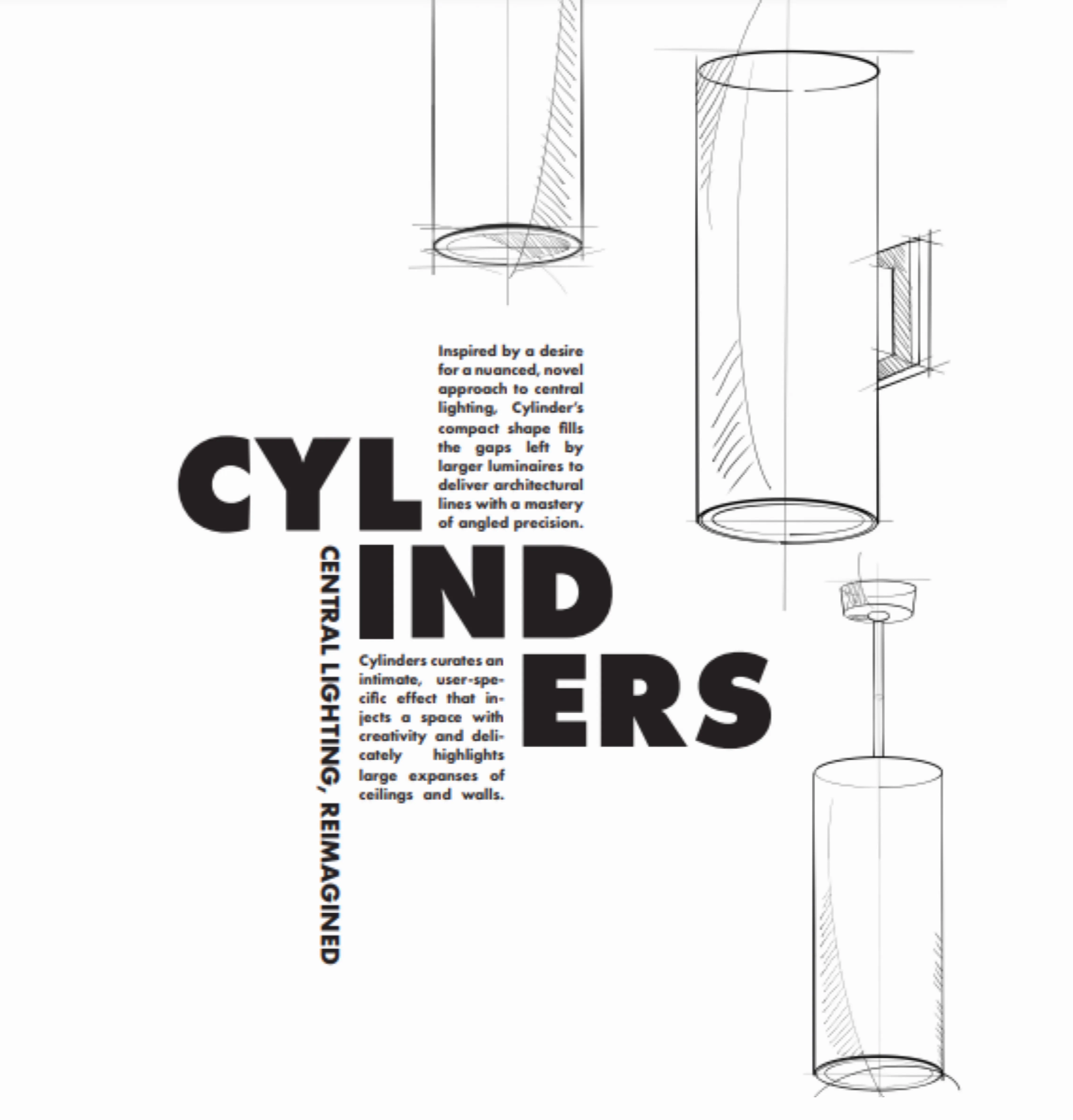 LightFair booth graphic for Cylinders: geometric line drawing with technical copy set into the artwork.