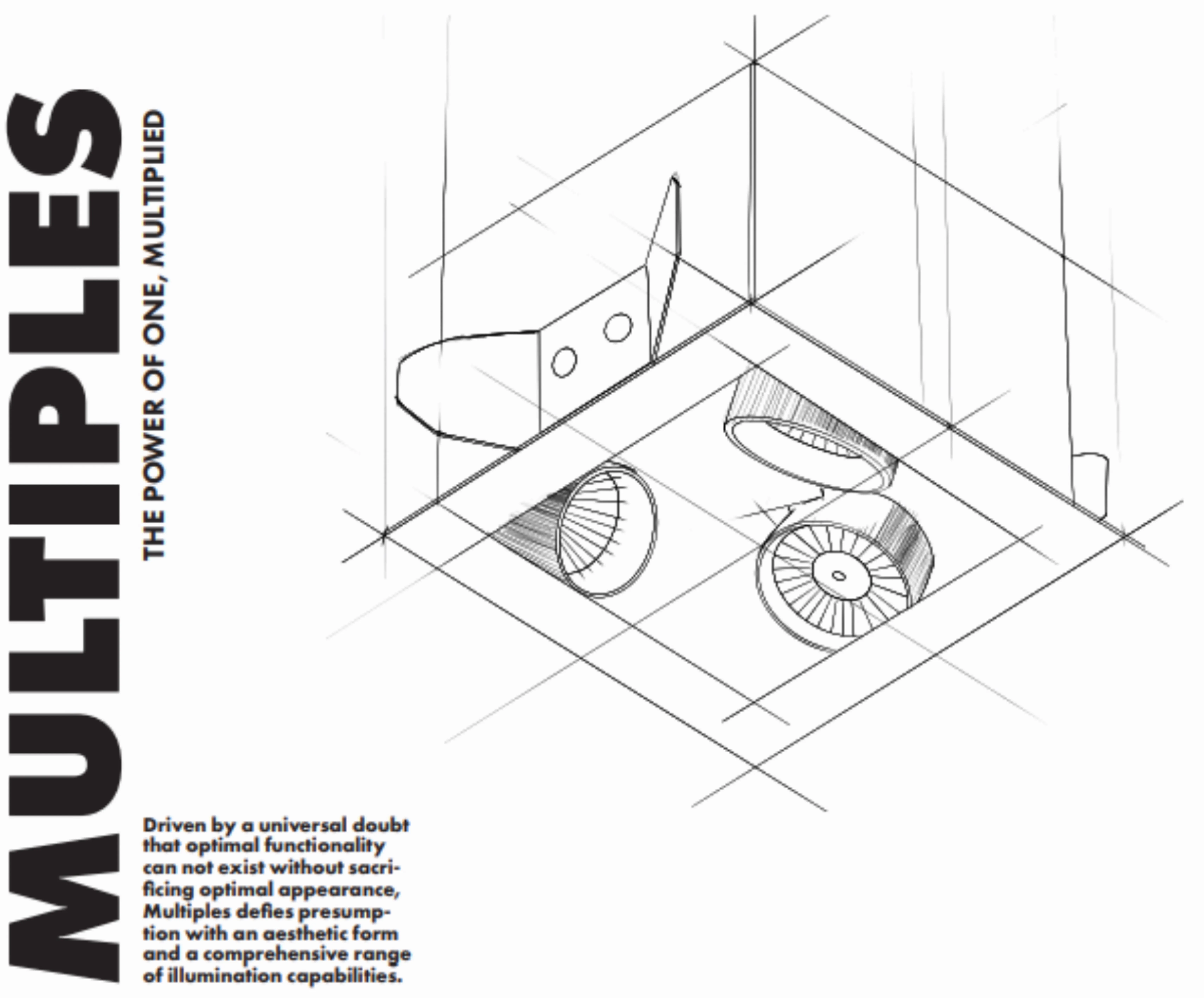 LightFair booth graphic for Multiples: a geometric line drawing of the fixture with copy set into the artwork.
