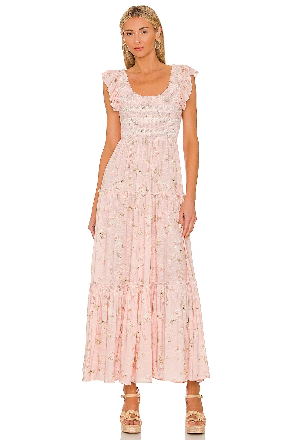 LoveShackFancy tiered cotton maxi dress in a soft floral print.
