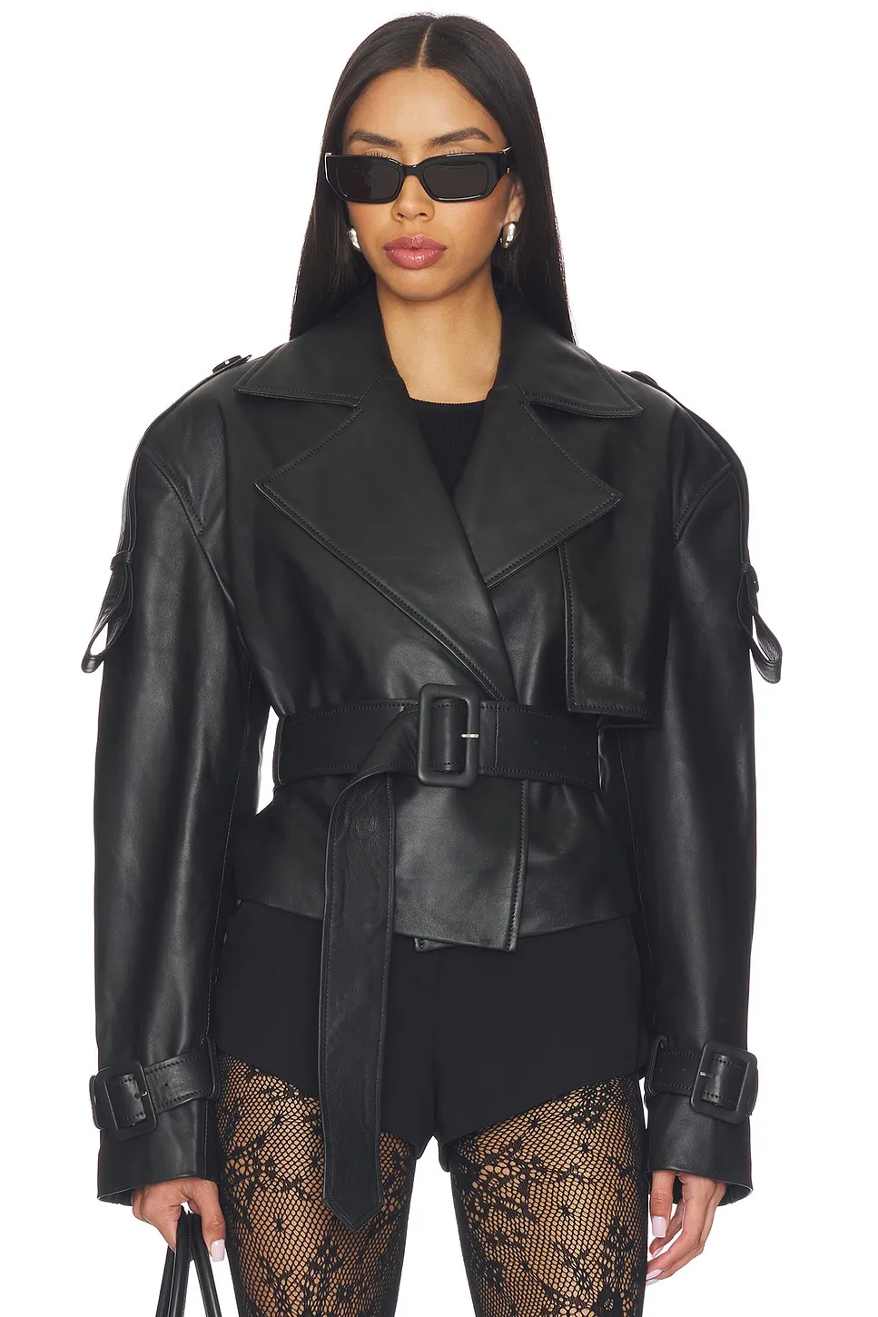 Manokhi black leather moto jacket, cropped short at the hip.