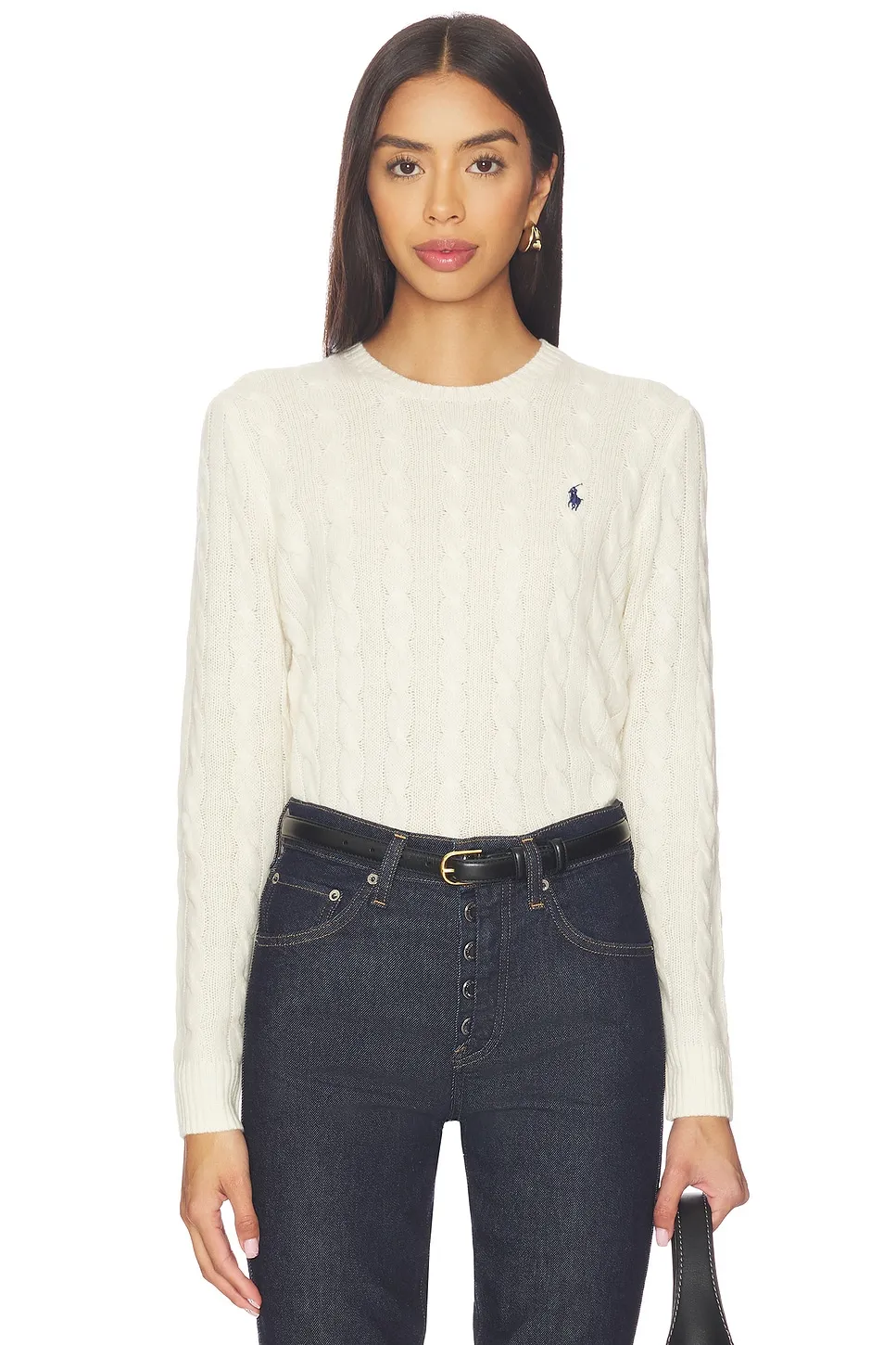 Polo Ralph Lauren cable-knit wool-cashmere crewneck sweater in cream.
