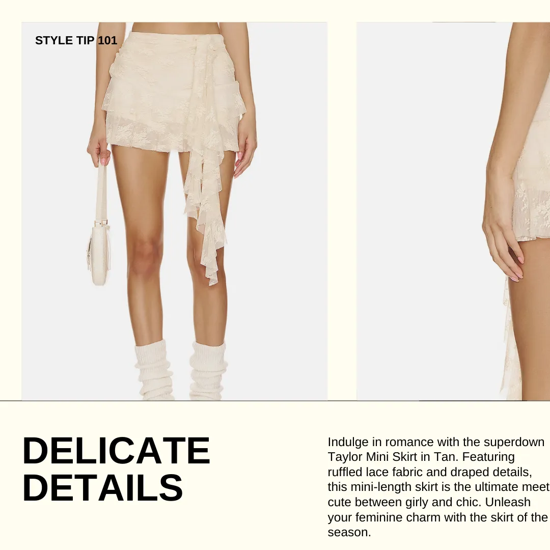 Product copy slide for the superdown Taylor Mini Skirt in tan, with the headline DELICATE DETAILS beside the product description.