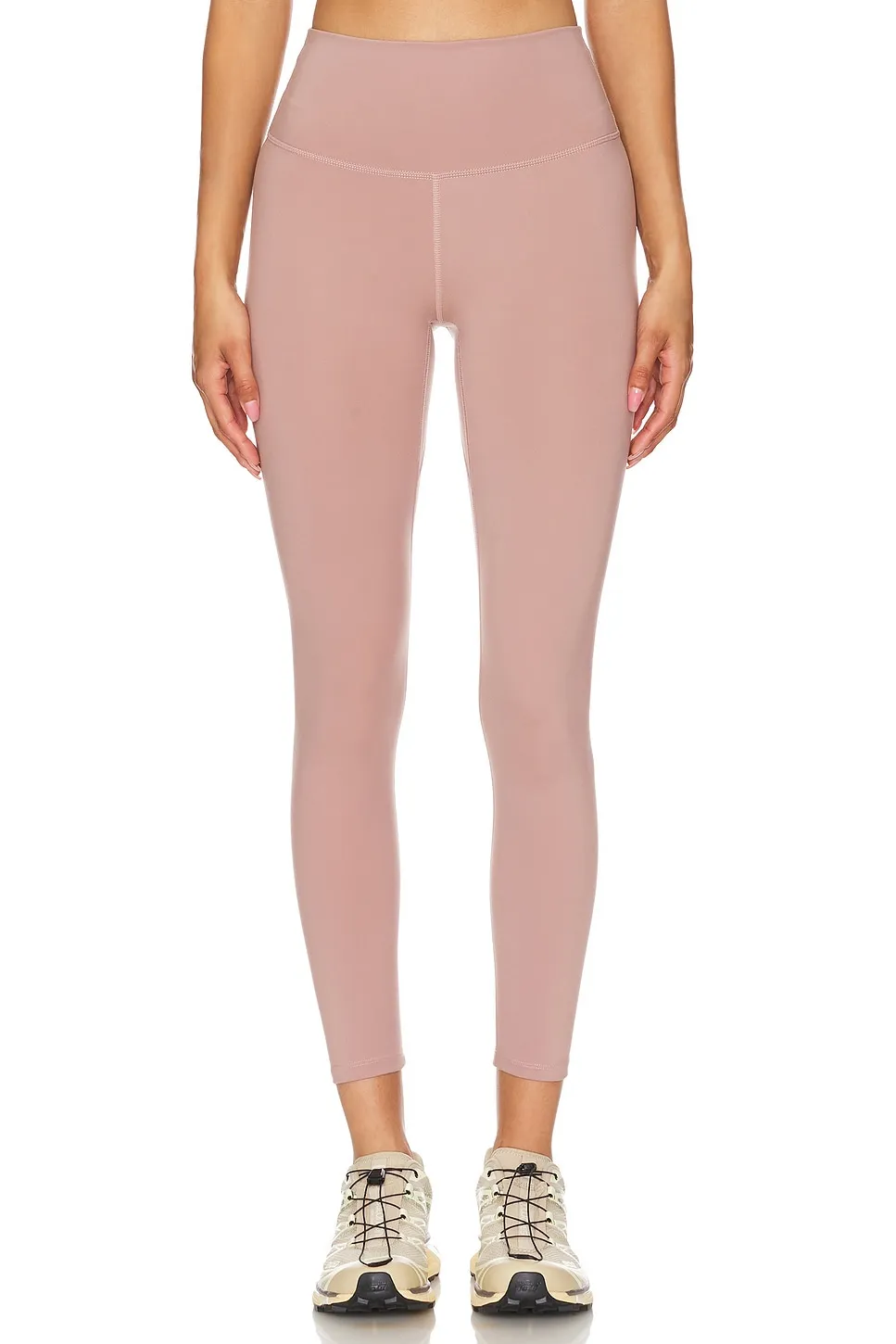 Varley high-rise legging with a wide, flat waistband.